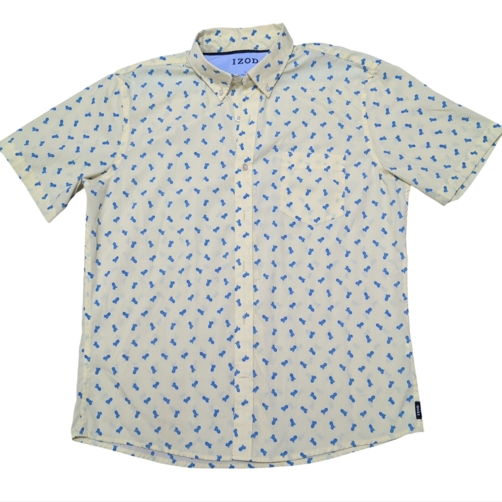 IZOD Men's Pineapple Short Sleeve Button Down Yellow with Blue Pineapples Large